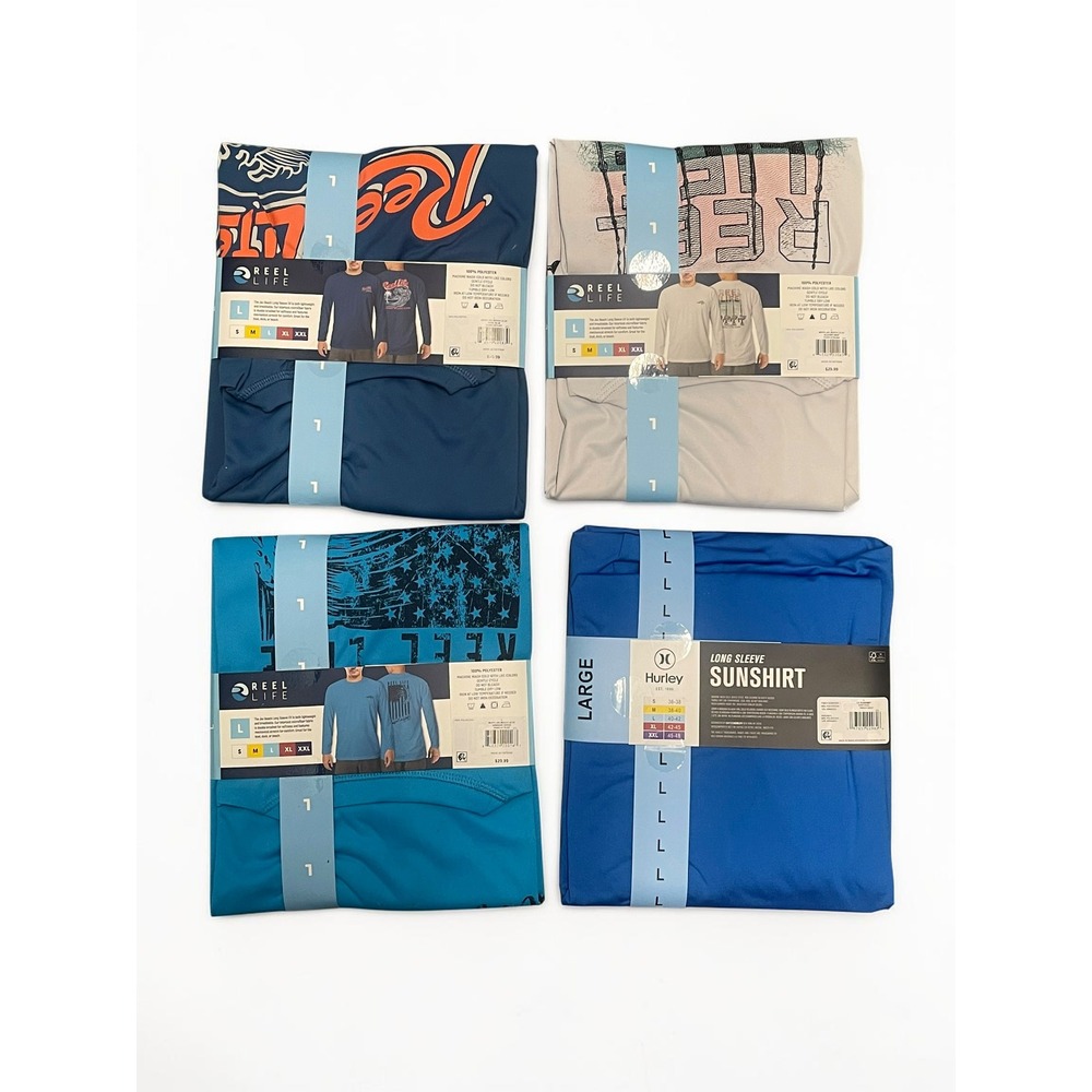 Lot of 4 NWT Men Reel Life & Hurley Long Sleeve UV Sun Protection Shirts Large